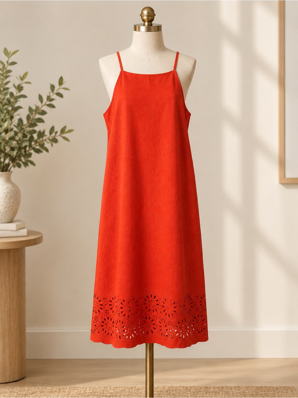 Banana Republic Orange Spaghetti-Strap Midi Dress with Laser-Cut Hem